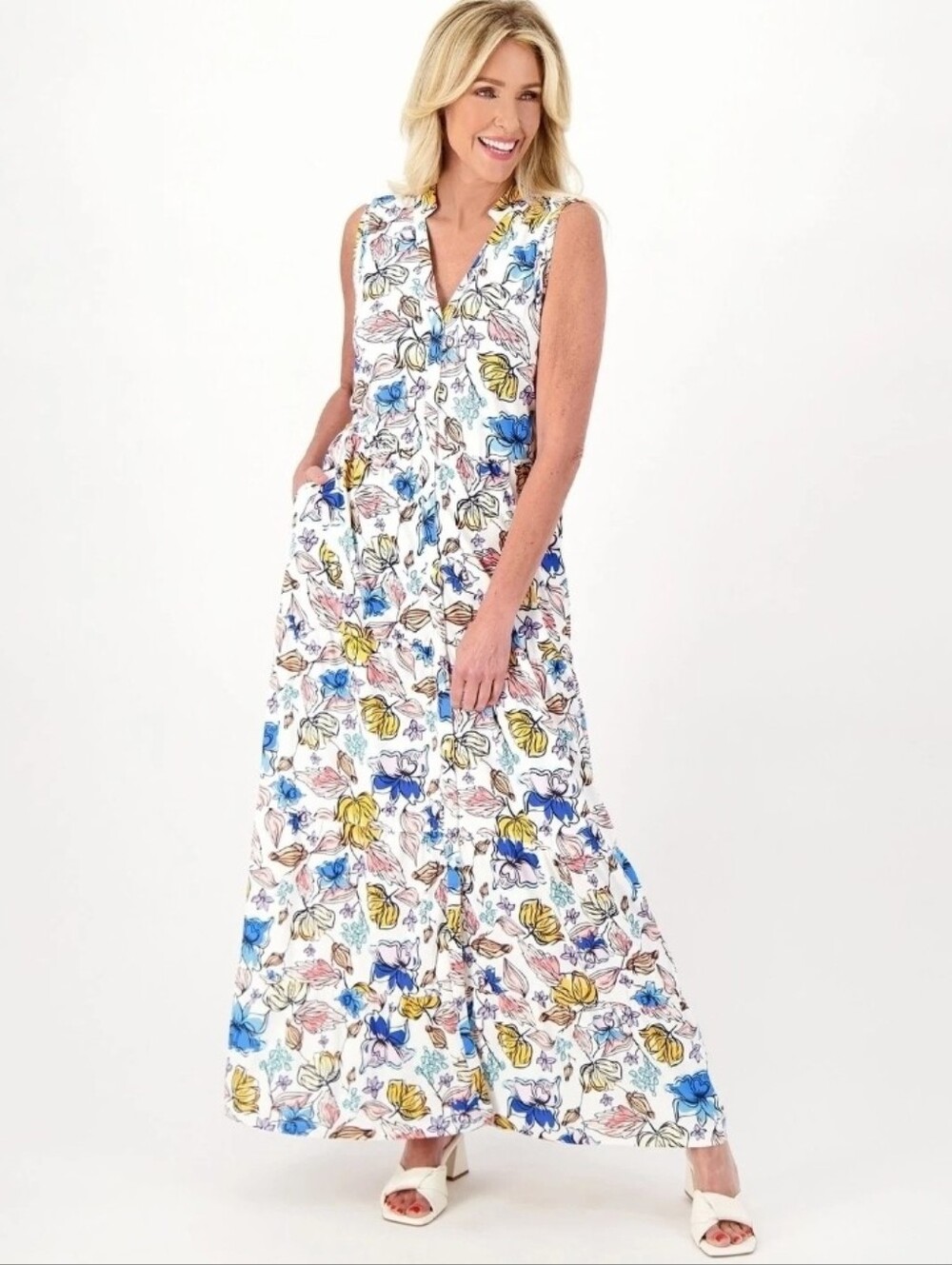 Boho Tolani Collection Watercolor Floral Tiered Sleeveless Maxi Dress Sm 53" L
